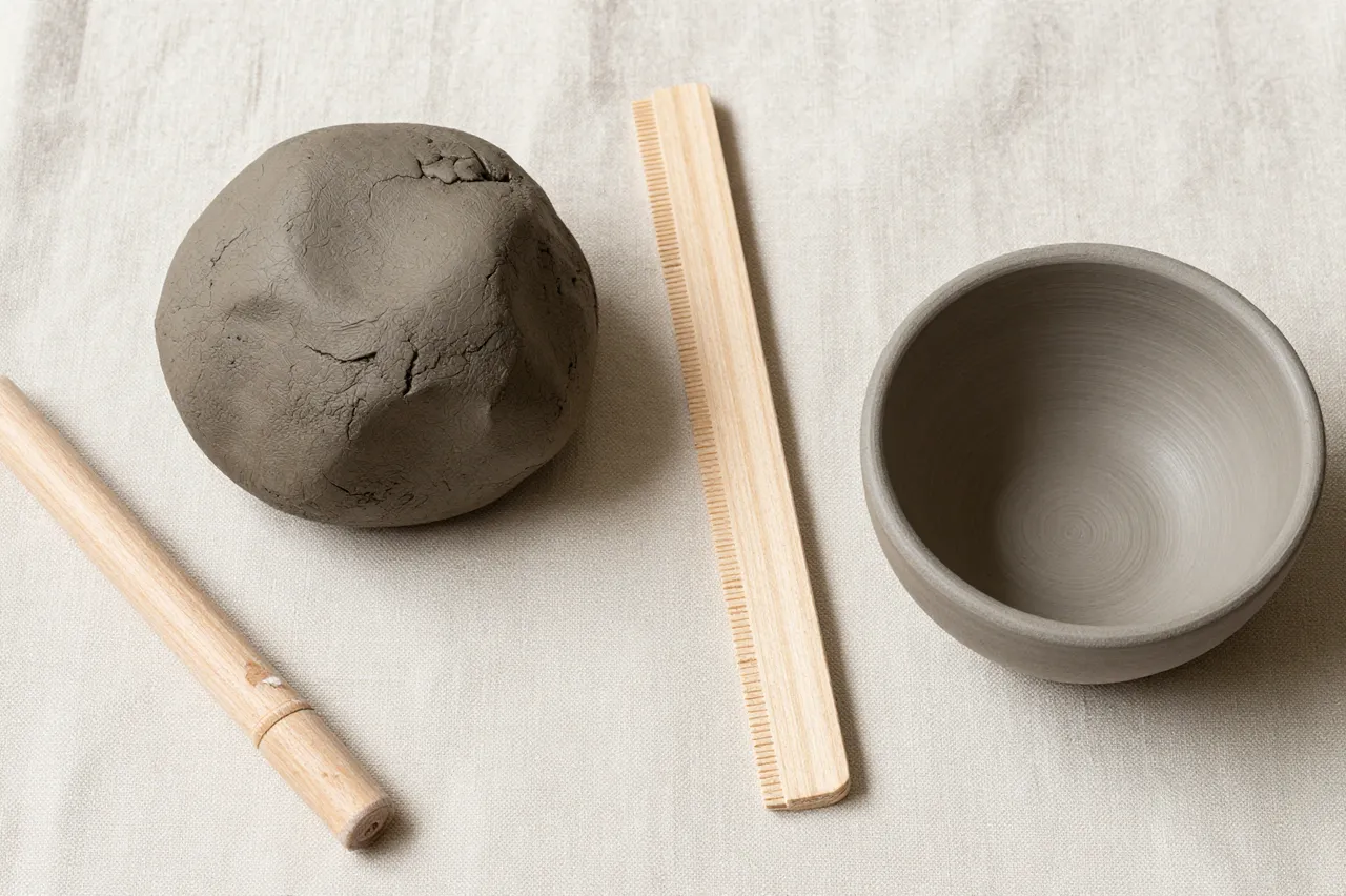 Gray clay lump, wooden pottery tools, and an unglazed bowl rest on linen canvas