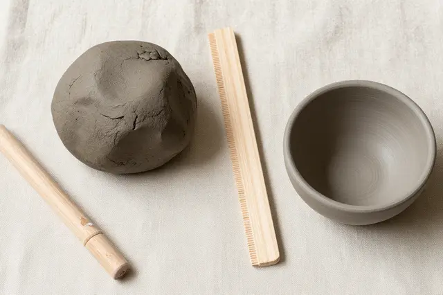 Gray clay lump, wooden pottery tools, and an unglazed bowl rest on linen canvas