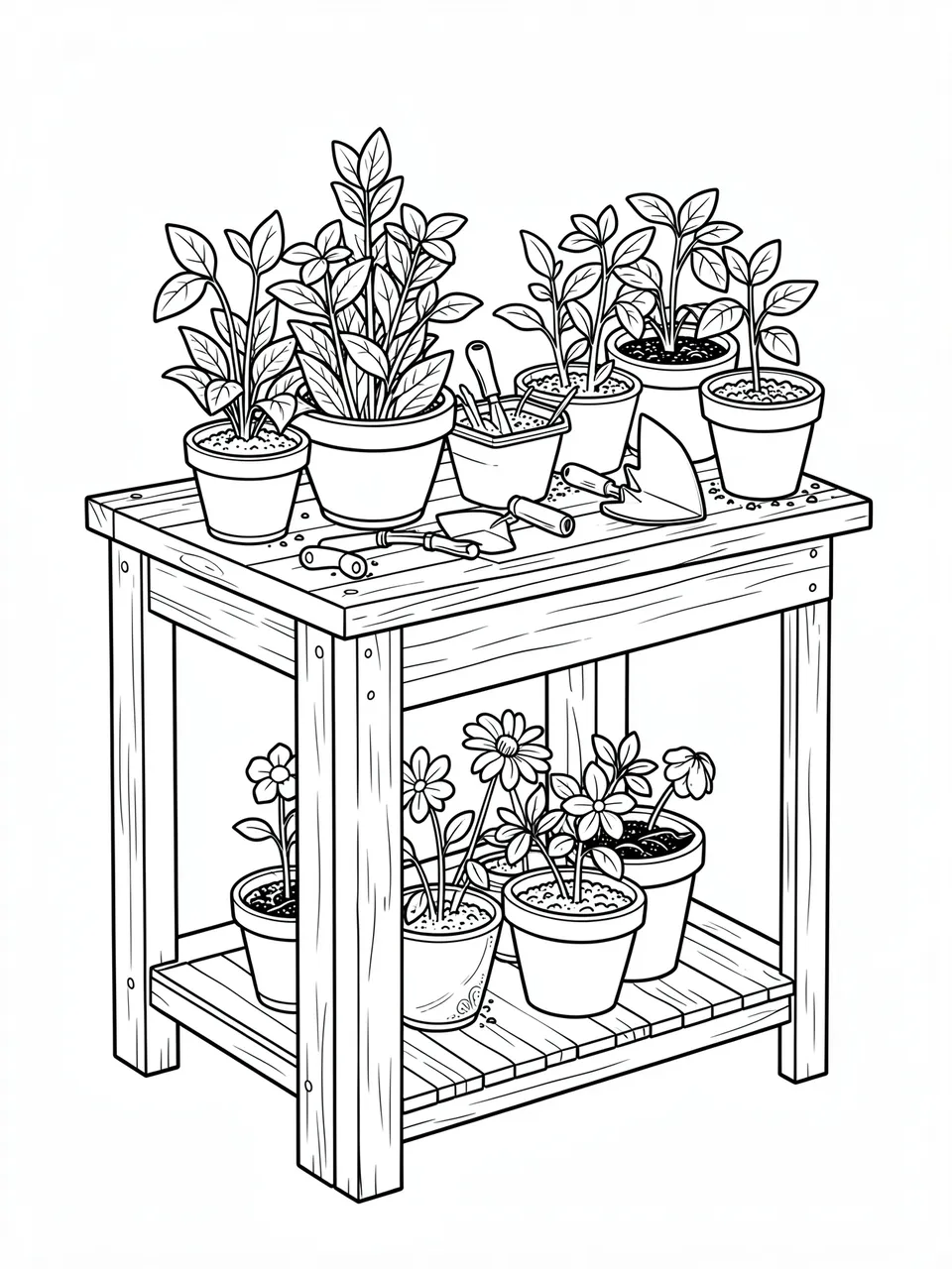 Clean black and white line art of a wooden potting bench holding potted seedlings and gardening tools