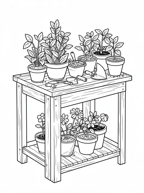 Clean black and white line art of a wooden potting bench holding potted seedlings and gardening tools