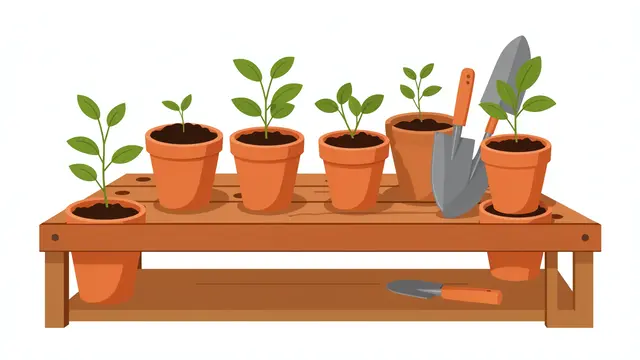Flat vector illustration of a wooden potting shelf holding terracotta seedling pots and gardening trowels