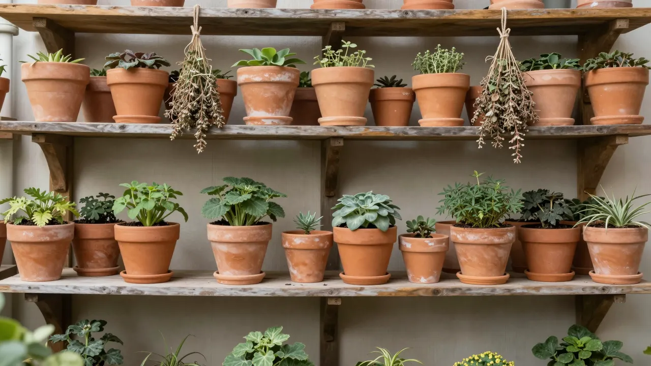 Rustic wooden shelves hold rows of terracotta plant pots and bunches of hanging dried herbs