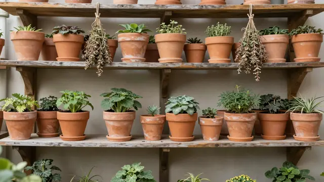 Rustic wooden shelves hold rows of terracotta plant pots and bunches of hanging dried herbs