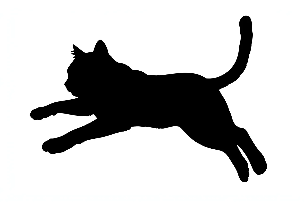 Solid black silhouette of a cat mid-leap with outstretched paws on a plain white background