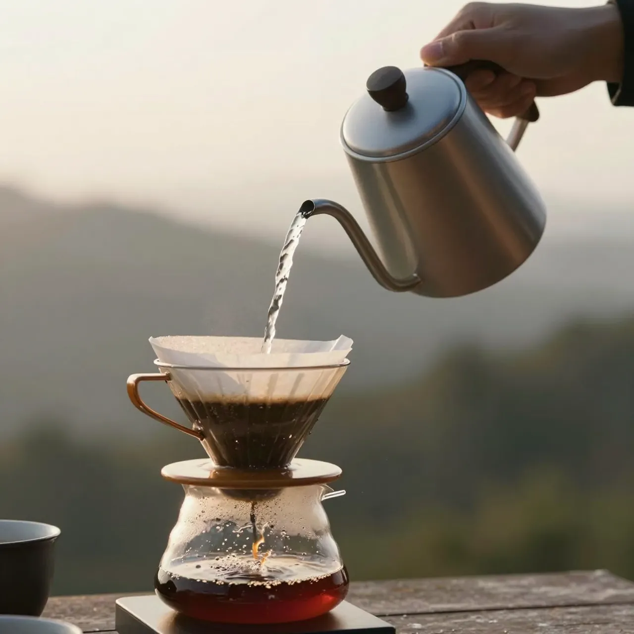 A hand pours hot water from a gooseneck kettle into a pour-over coffee maker at dawn