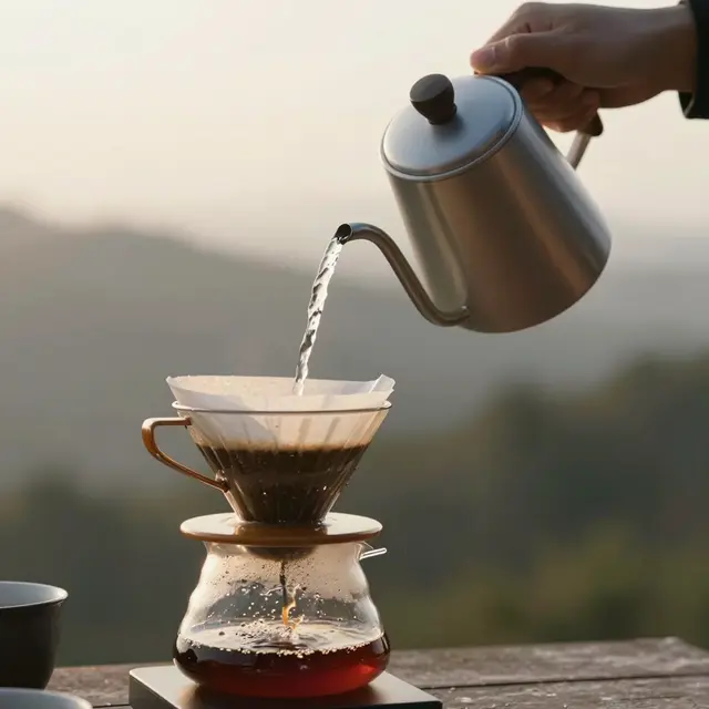 A hand pours hot water from a gooseneck kettle into a pour-over coffee maker at dawn