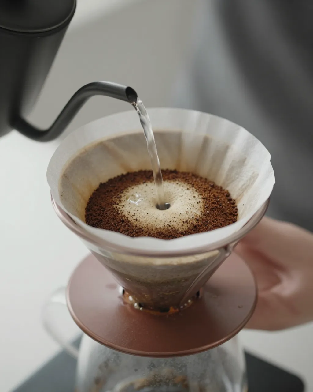 Hot water pours from a gooseneck kettle onto blooming coffee grounds in a paper filter held by a hand