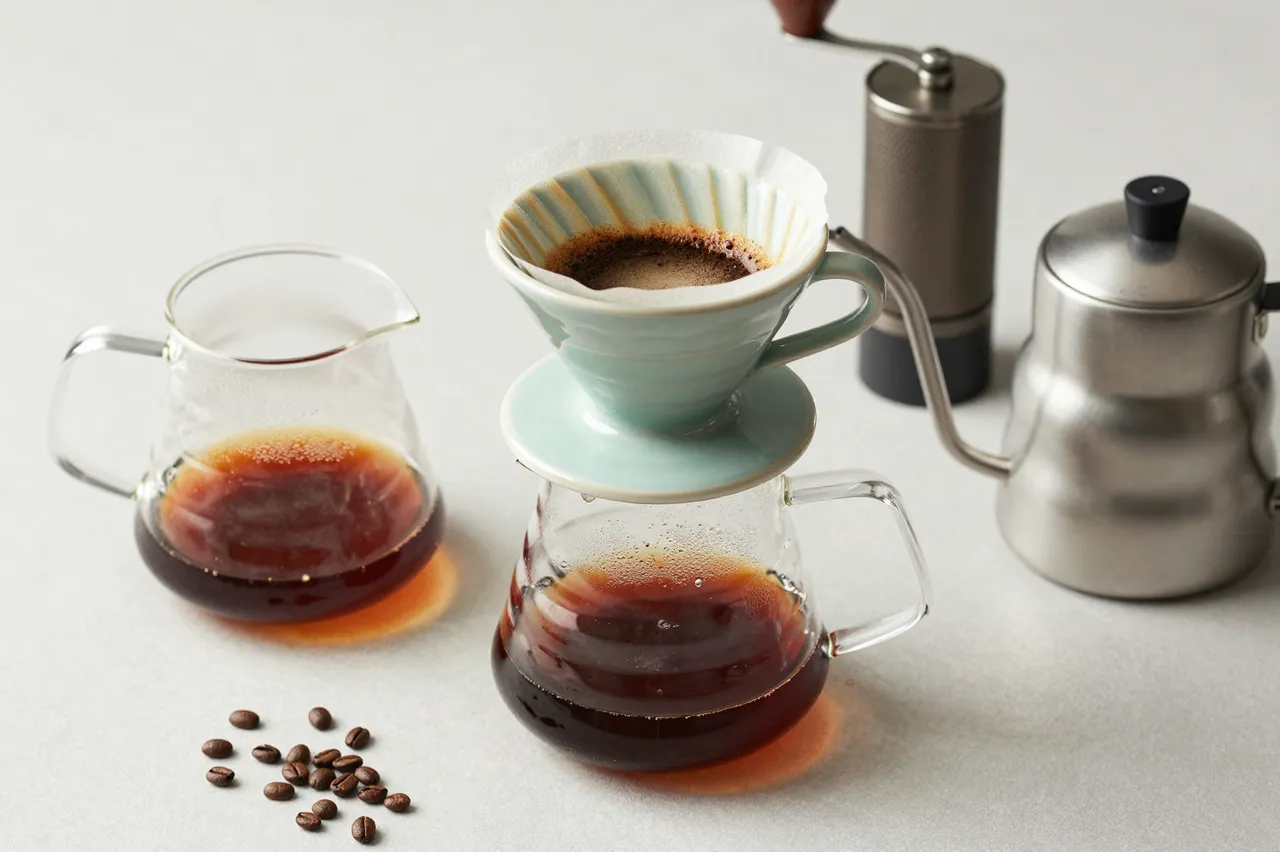 Flat lay view of a full pour-over coffee brewing arrangement on a light neutral countertop