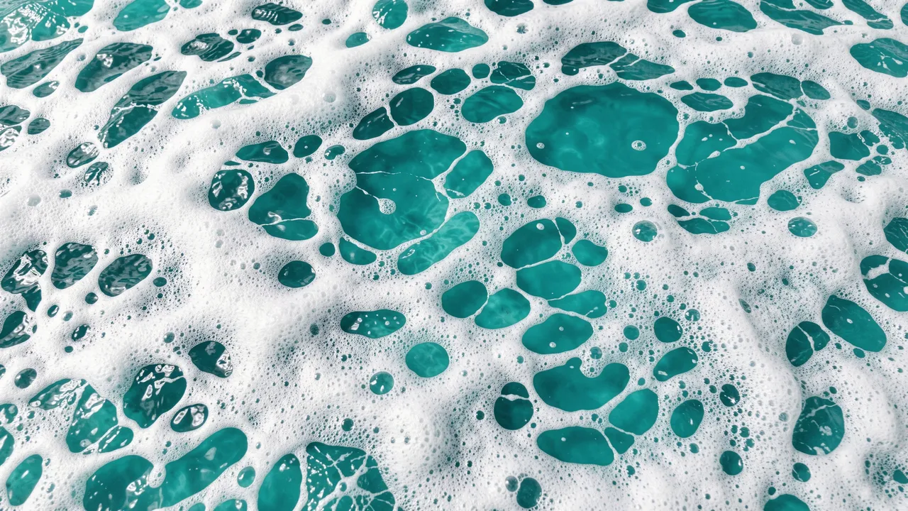 Close-up of textured white foamy lace over glossy turquoise poured resin