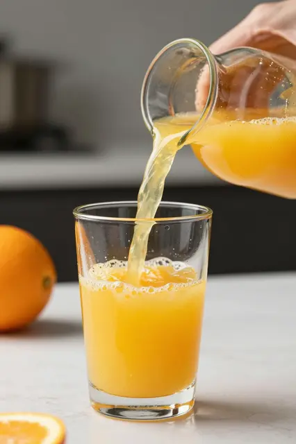 A hand pours freshly squeezed orange juice from a glass pitcher into a tall glass beside whole and sliced oranges.
