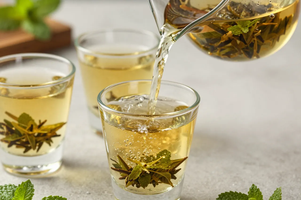 Golden mint tea is poured from a glass pitcher into small clear glasses on a light countertop