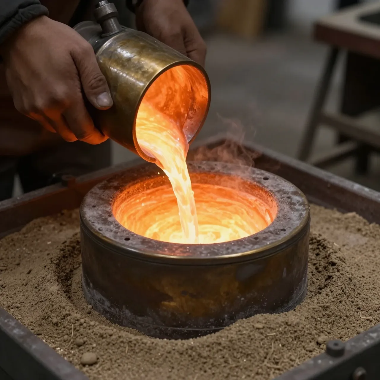 Foundry worker pours glowing molten bronze from a ladle into a sand mold cavity