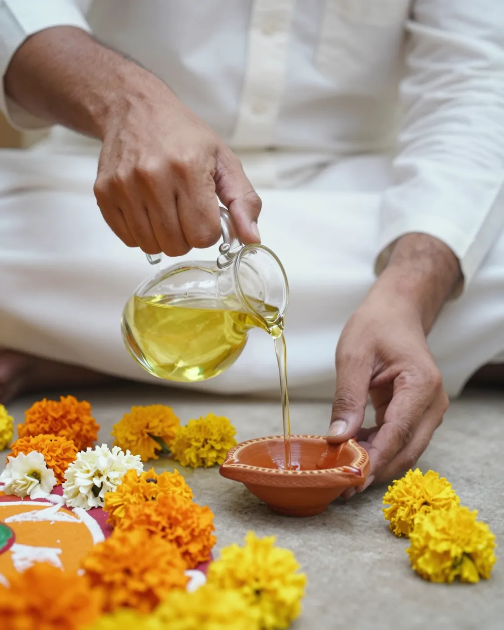 South Asian man pours oil into a clay diya beside marigolds and rangoli for a festive celebration