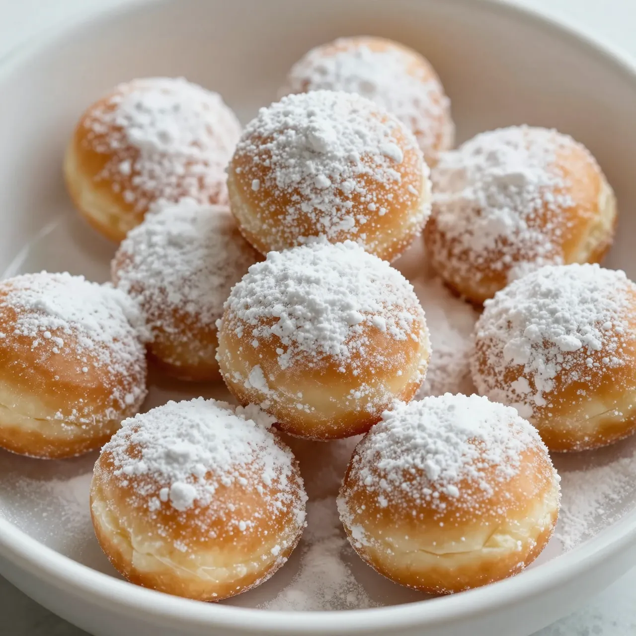 Round golden donut holes generously dusted with powdered sugar rest in a white ceramic bowl.