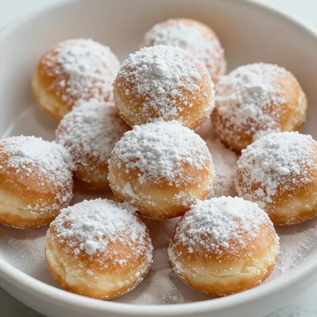 Round golden donut holes generously dusted with powdered sugar rest in a white ceramic bowl.
