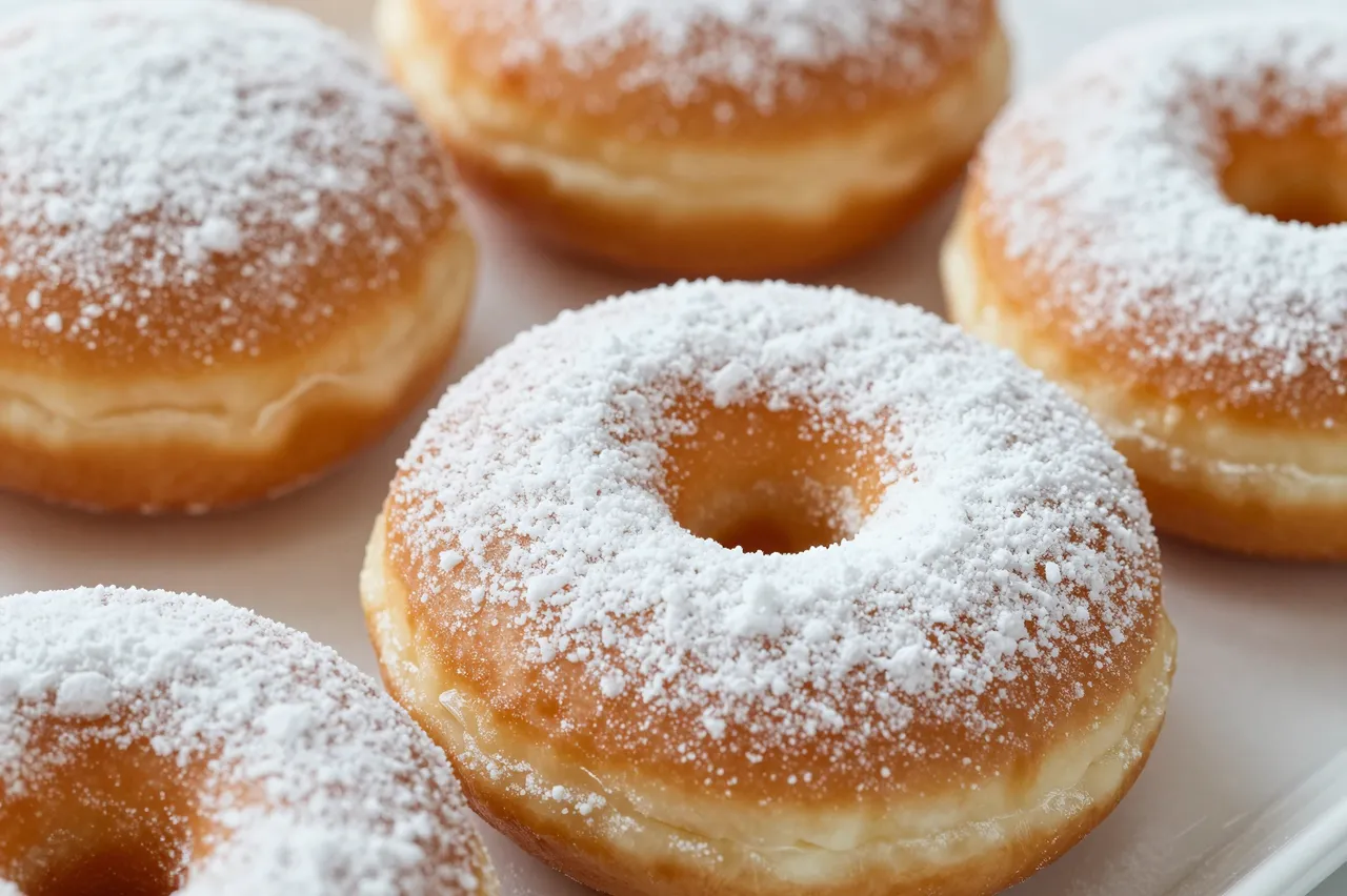 Close-up of several fluffy yeast doughnuts dusted with fine powdered sugar arranged on a white tray.