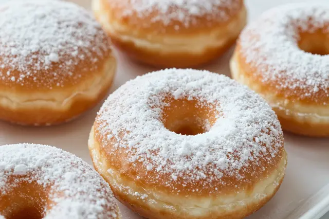 Close-up of several fluffy yeast doughnuts dusted with fine powdered sugar arranged on a white tray.