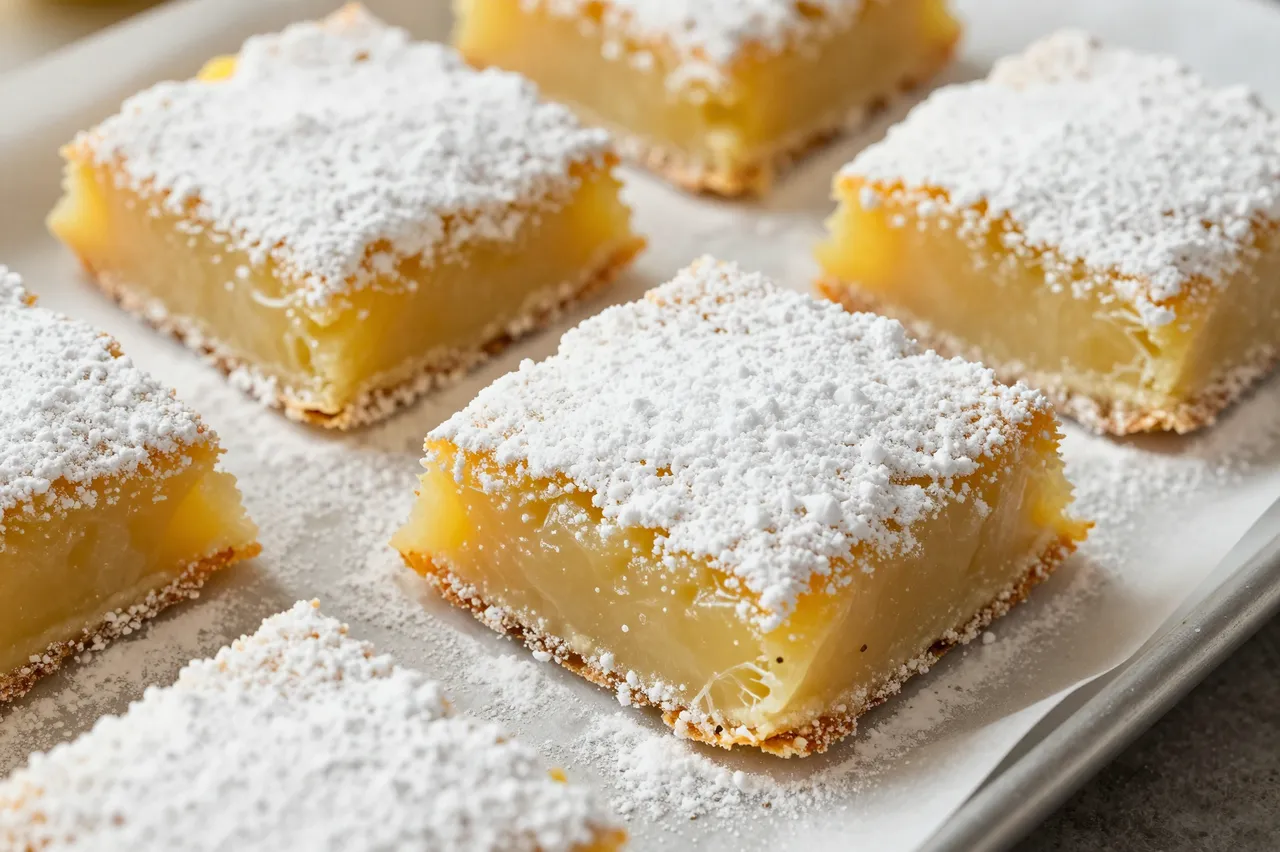 Square lemon bar slices dusted with powdered sugar arranged on parchment lined baking tray