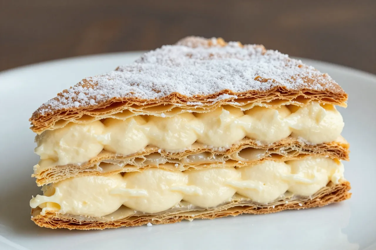 Close-up of a layered mille-feuille pastry dusted with powdered sugar, resting on a white plate