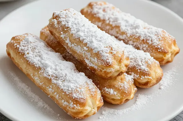 Stack of golden fried pastries heavily dusted with powdered sugar arranged on a plain white plate