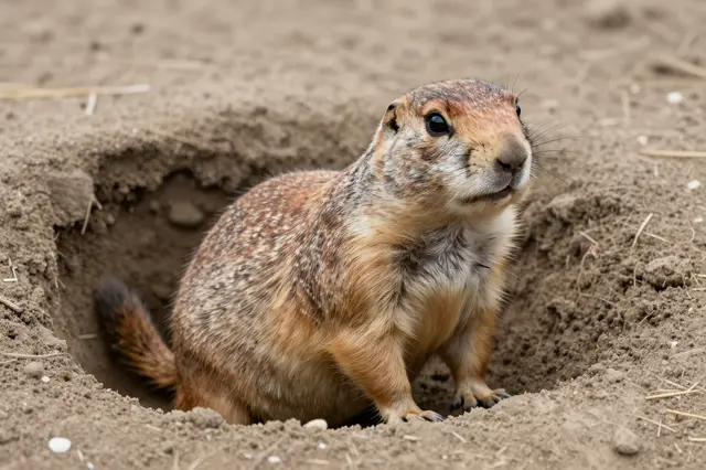 A prairie dog stands alert peering out from the opening of its dirt burrow