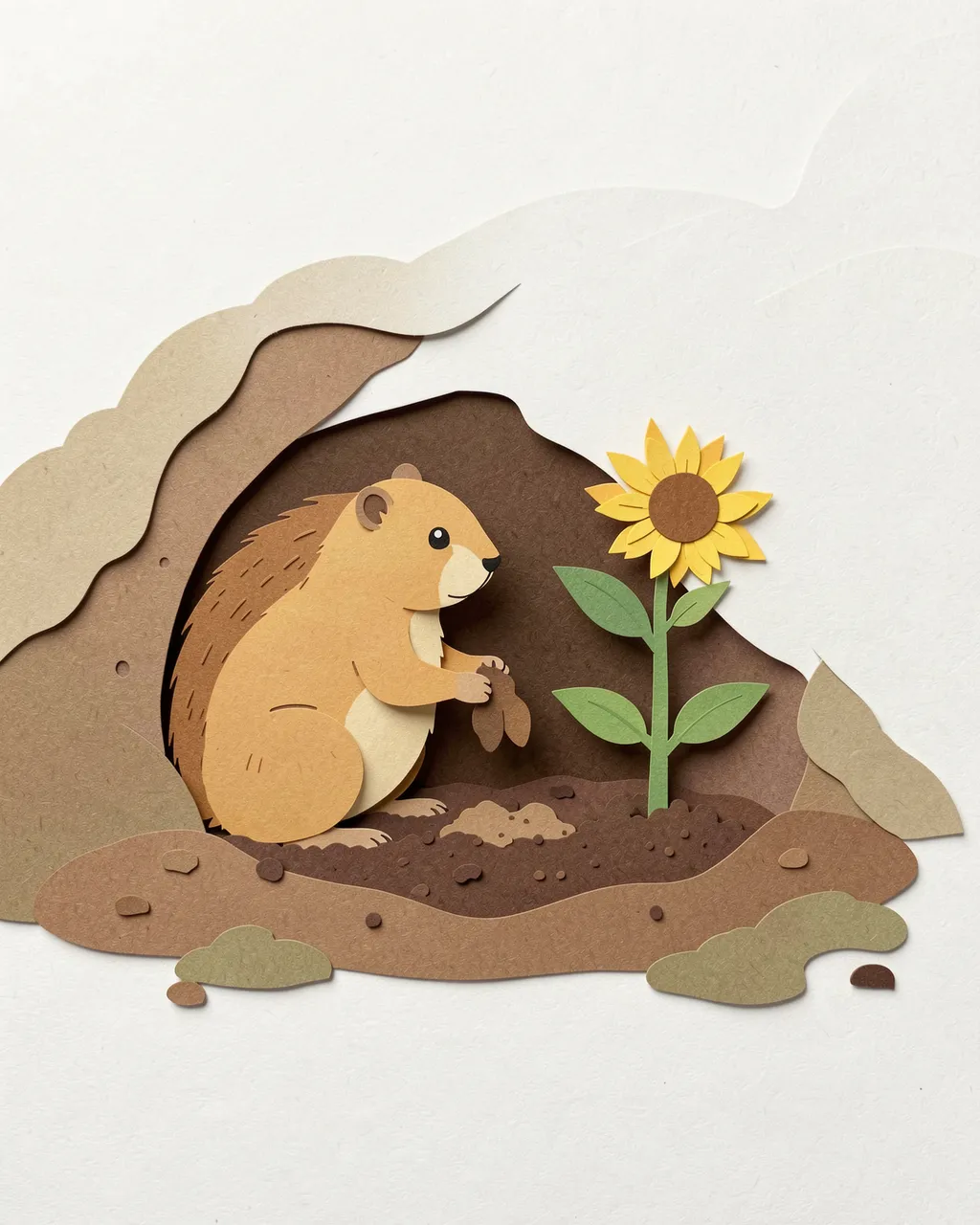 Layered paper cut illustration of a prairie dog tending a sunflower seedling at its burrow entrance