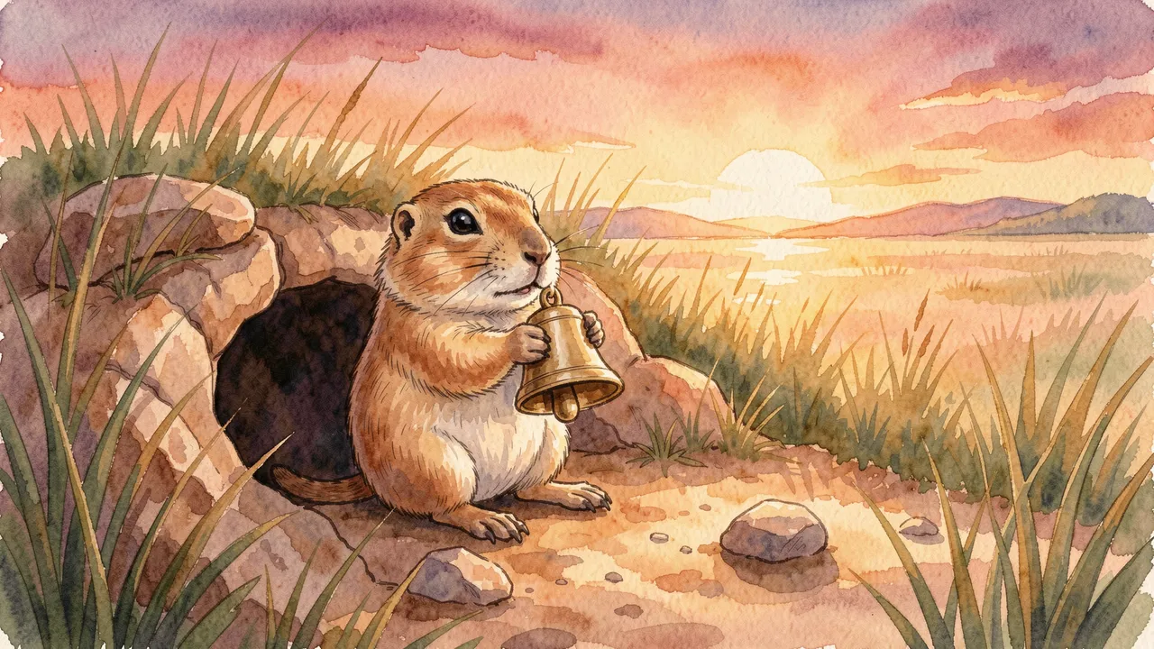 A cute watercolor prairie dog holds a brass bell outside its burrow as the sun sets over grasslands.