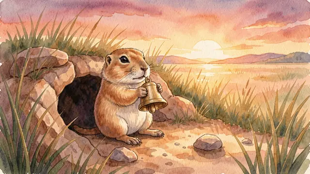 A cute watercolor prairie dog holds a brass bell outside its burrow as the sun sets over grasslands.
