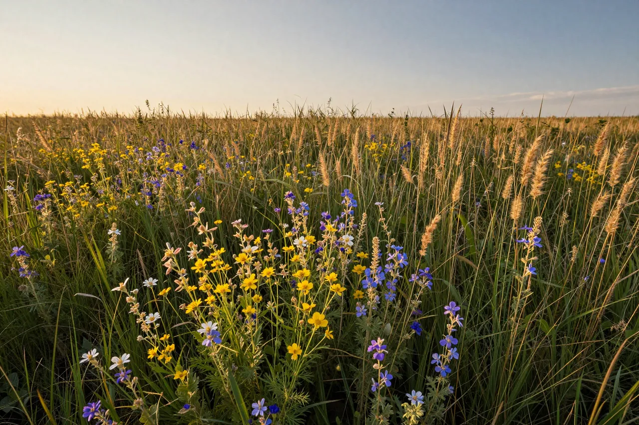 Colorful prairie wildflowers and tall grasses stretch across a field under a soft sunset sky