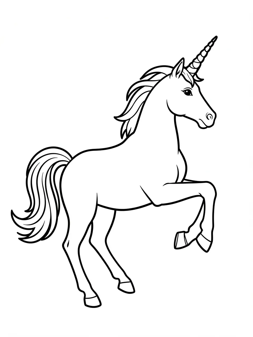Bold black and white line drawing of a prancing unicorn on a plain white background