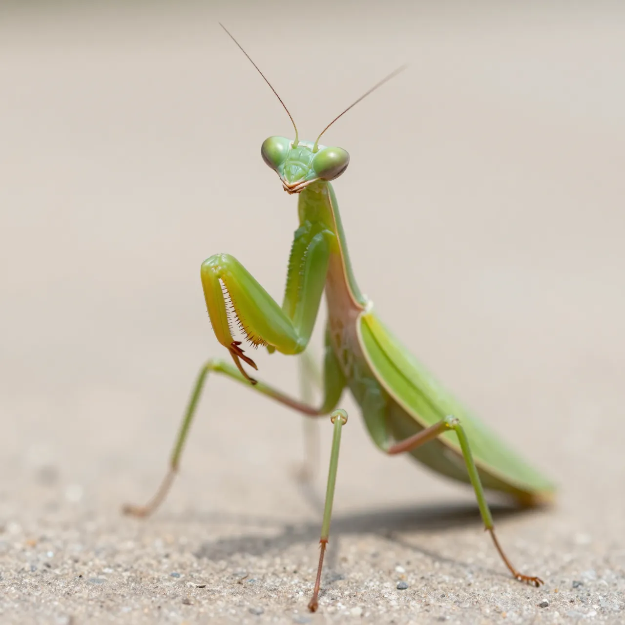 Close-up of a bright green praying mantis looking directly at the viewer while standing on gravel.