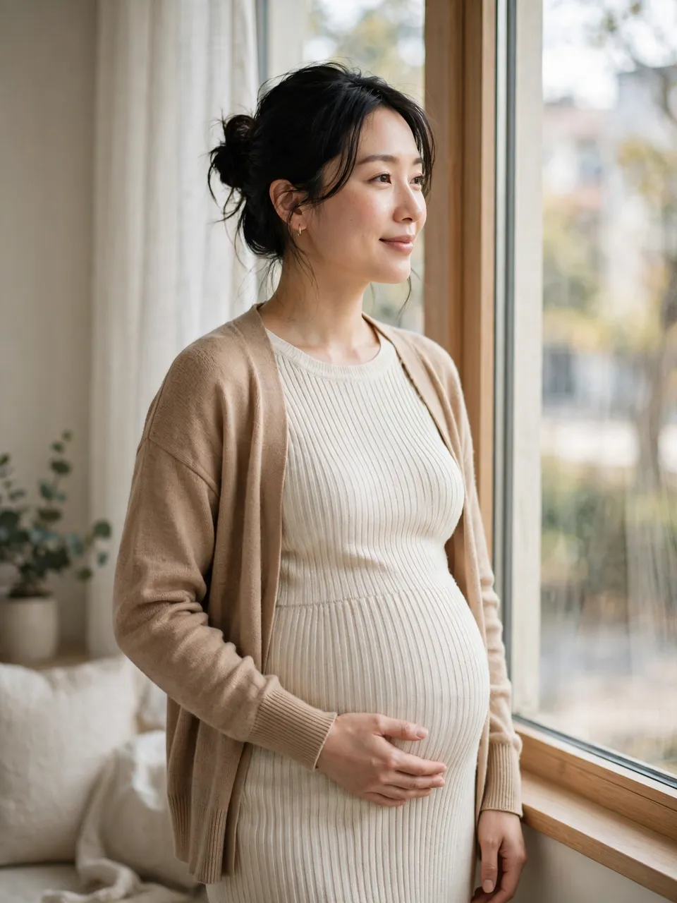 Pregnant East Asian woman rests a hand on her belly while standing beside a sunlit home window