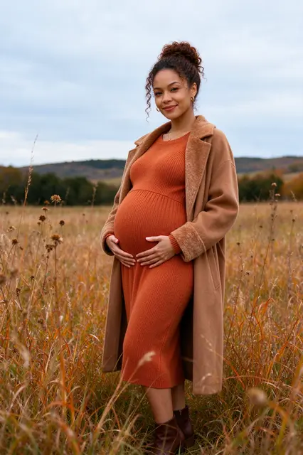 Pregnant mixed-race woman in a rust dress stands smiling in a fall meadow holding her belly