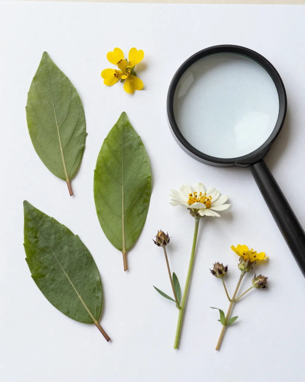 Pressed green leaves and wildflowers rest on white paper beside a black magnifying glass for nature study.