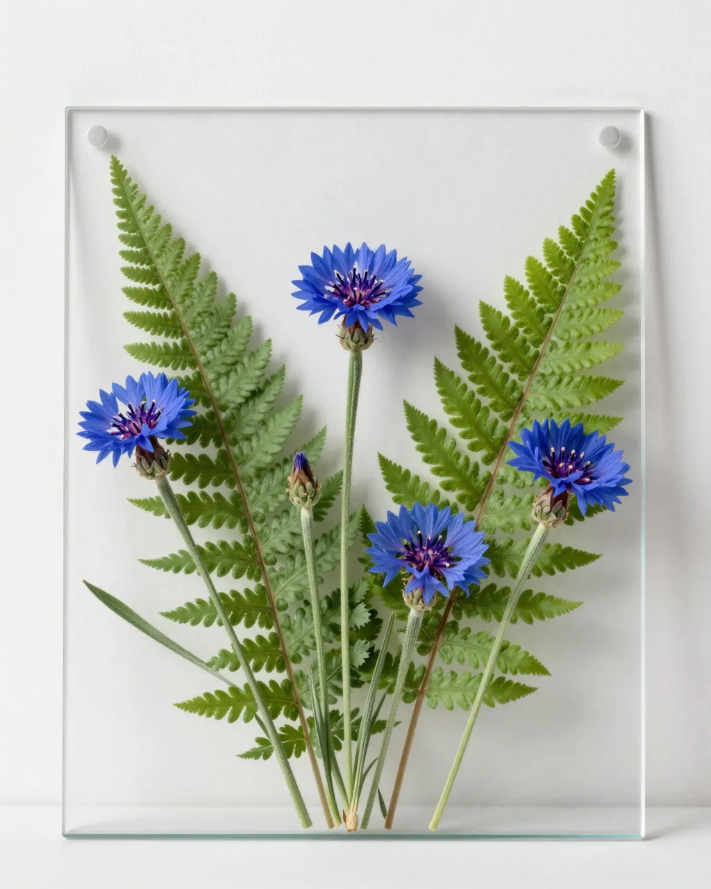 Dried fern fronds and blue cornflowers displayed between clear glass against a plain white wall