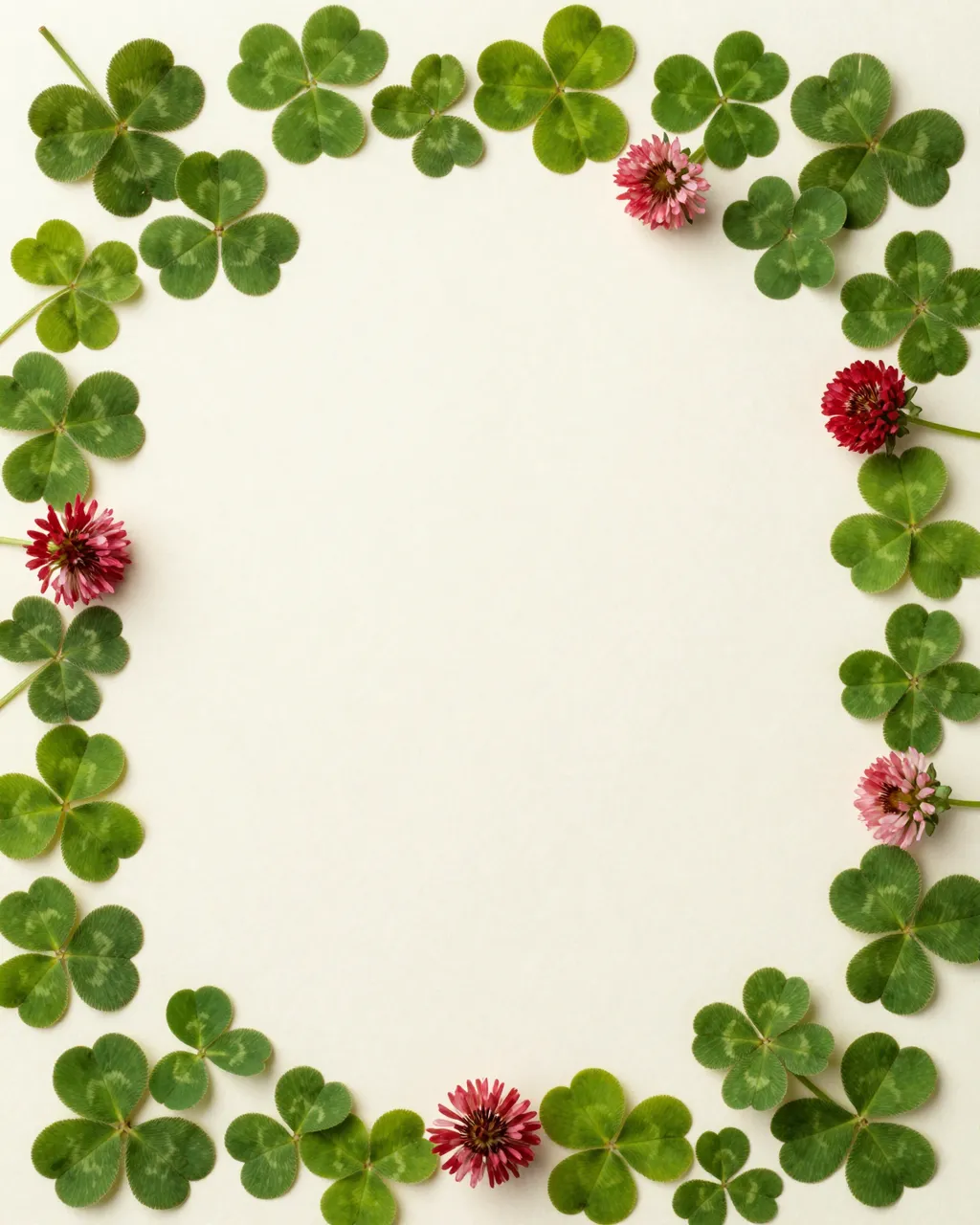 Overhead view of pressed green clover leaves and red clover flowers arranged as a border around blank cream paper.