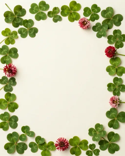 Overhead view of pressed green clover leaves and red clover flowers arranged as a border around blank cream paper.