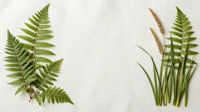 Pressed ferns and dried grasses arranged on opposite edges of plain off-white rice paper with central copy space