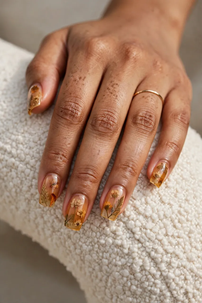 Close up of a brown-skinned hand with floral amber nail art resting on cream boucle fabric