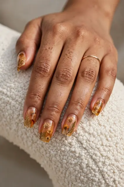 Close up of a brown-skinned hand with floral amber nail art resting on cream boucle fabric