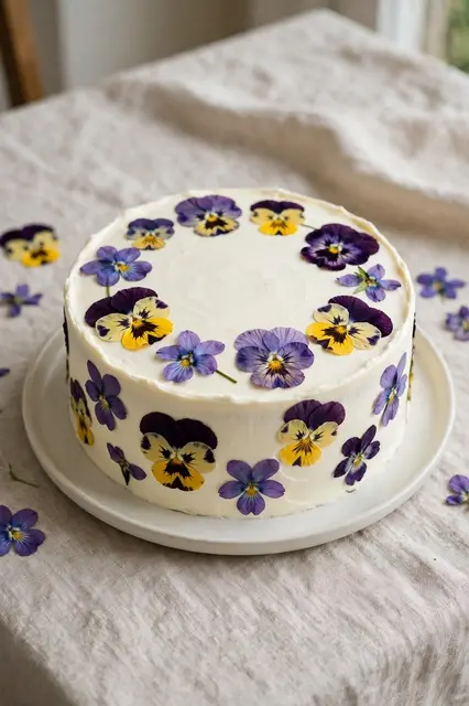 A white frosted cake decorated with edible pansies rests on a plate atop linen fabric.