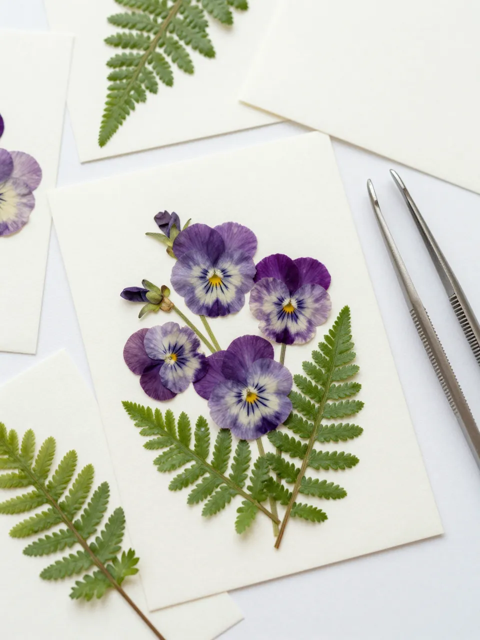 Top-down view of pressed violet and fern arrangements, blank cream cards and metal tweezers on a white surface