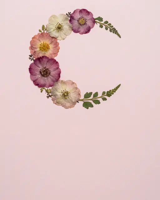 Overhead view of a crescent arrangement of pressed flowers on pale blush paper with empty lower copy space