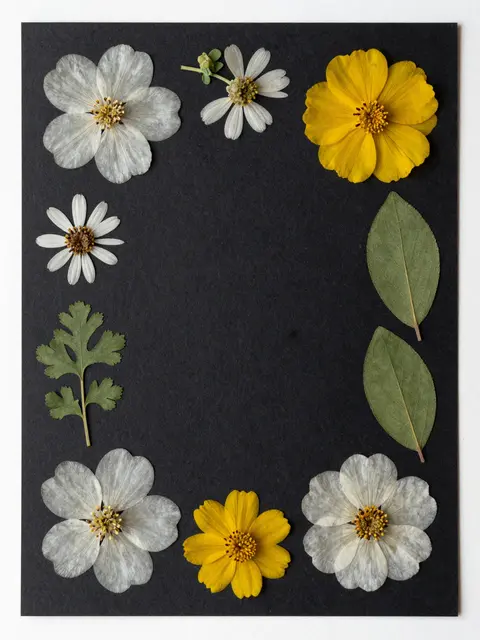 Pressed flowers and green leaves arranged as a border around empty dark black card stock from an overhead view