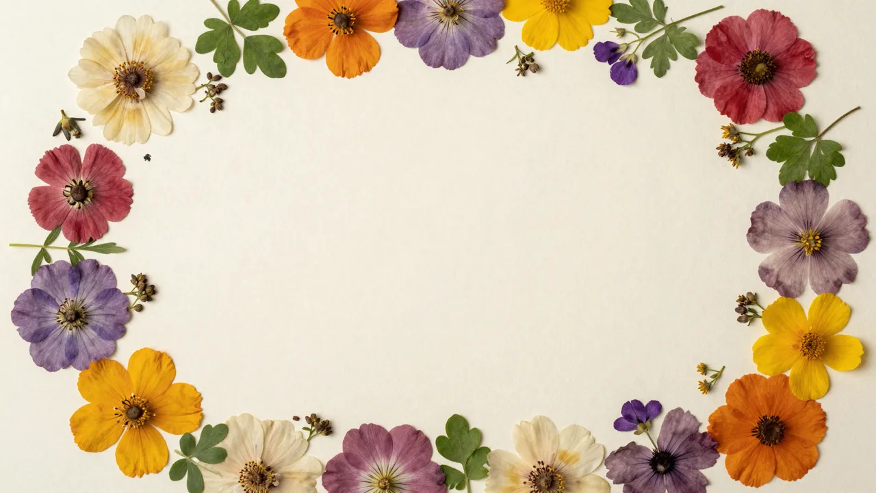 Dense pressed flower border frames a large empty central area of cream paper, shot from overhead.