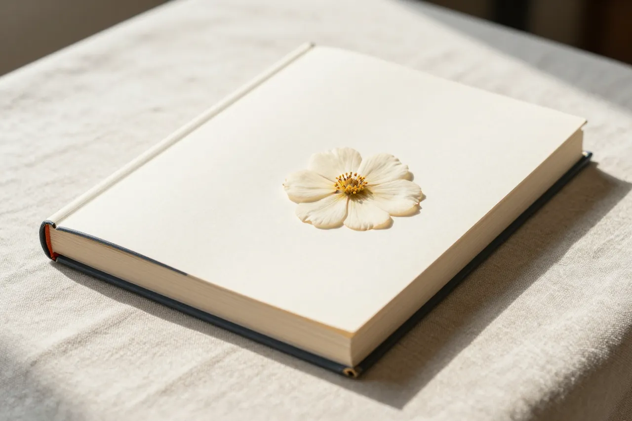 A closed plain hardcover book with a white pressed flower rests on a sunlit linen tablecloth.