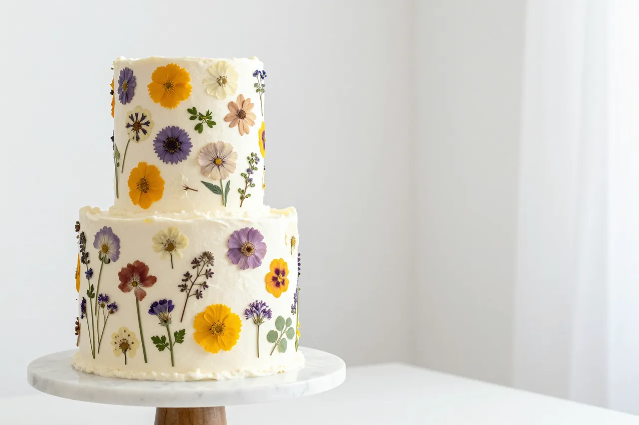Two tier wedding cake decorated with edible pressed flowers rests on a marble stand in a bright white room with empty copy