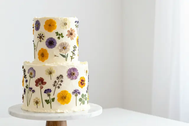 Two tier wedding cake decorated with edible pressed flowers rests on a marble stand in a bright white room with empty copy