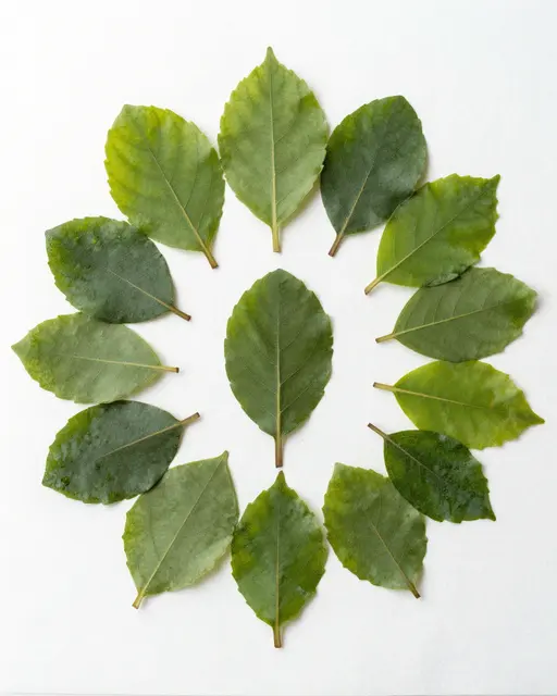 Overhead view of pressed gradient green leaves arranged in a circle on white linen paper