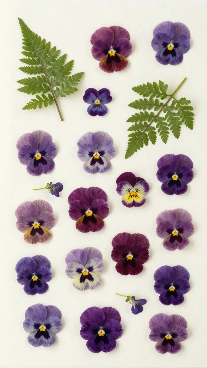Loose flat lay arrangement of pressed purple pansies, fern fronds, and small violets on cream paper